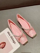 シンプルスタイル！パール装飾の浅履きフラットシューズ【金属四角トゥ・女性用】