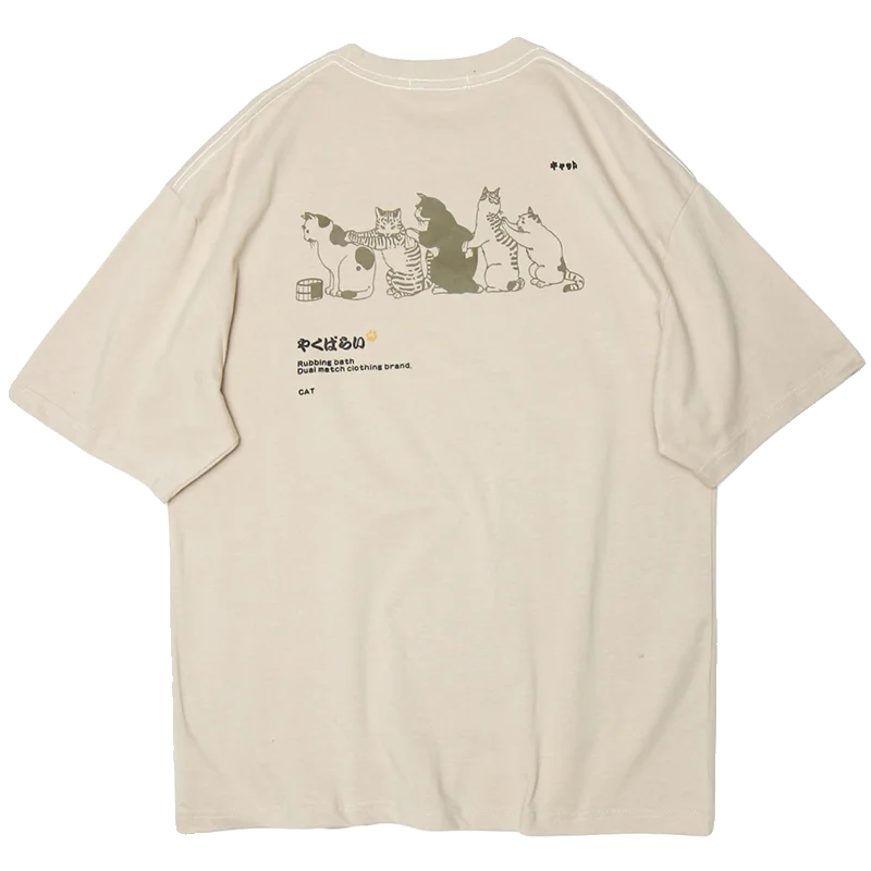 アメリカンレトロキャットプリントTシャツ：ゆったりフィットで夏の日常を彩る