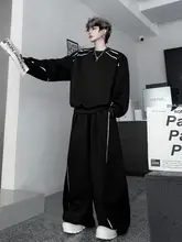 カラーコントラストのスタッズ付き長袖スウェットシャツとワイドレッグパンツ【カジュアルスタイル・メンズ・秋用】（セットアップ対応）