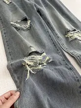 ゆったりデザインのウォッシュドデニムパンツ【夏用・破れ加工・直筒・ウエストゴム】（セットアップ対応）