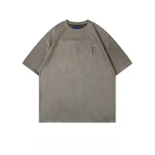 ヴィンテージロゴ刺繍スエード調ショートスリーブTシャツ【メンズ・アメリカンヒップホップ・ルーズフィット】