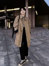 カーキ色のレトロデザイン中長丈トレンチコート【春用・膝下丈・小柄向け】