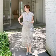 新中式白色レース刺繍ドレス【改良チーパオ・半身スカート・フレンチスタイル】（セットアップ対応）