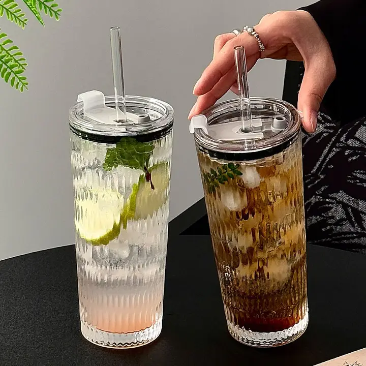 フタ付き 大容量透明ストローカップ【アイスコーヒー用・グラス飲料・おしゃれデザイン】