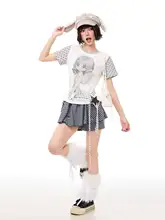 カジュアルなカートゥーンプリントのドット柄ショートスリー ブTシャツ【パフスリーブ・ルーズフィット・Y2Kスタイル】