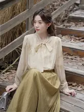 木易易 長袖シャツ【春用・国風・水彩染め・リボン付き・フレンチスタイル】