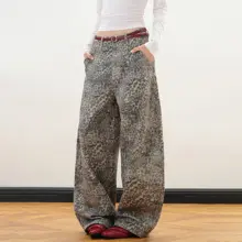 デニムパンツ レディース 豹柄 ウォッシュ加工 アメリカン風 オーバーサイズ カーブドシルエット 着痩せ フルレングス クール 「JUNECUT」