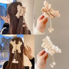 フリンジリボン付き ヘアクリップ【高級感・ファー素材・サメクリップ】