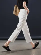 白色ハイウエストストレートデニムパンツ【脚口スリット・レディース】