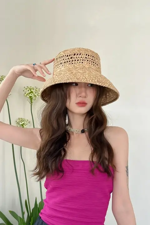 フランス風レトロ透かし編みラフィア帽子【夏用・日除け・鐘型デザイン】