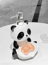 パンダデザインの陶製ソープディッシュ【水切り機能付き・ポンプボトル二合一・家庭用】