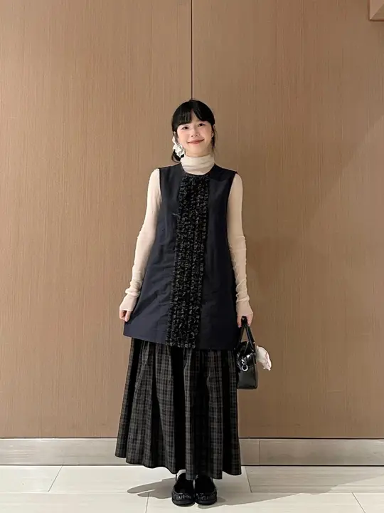 クラシックチェック柄のフレアスカート【レース付き・秋冬用・中長丈】（セットアップ対応）