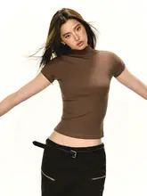 アメリカンヴィンテージ風 ハイネックフィットTシャツ【短袖・女性用・優れたシルエット】