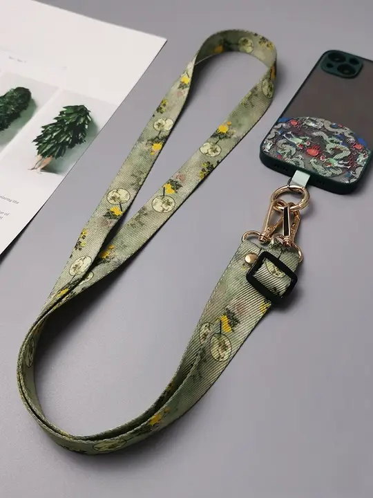 レトロな国風デザインのスマホ用ワイドストラップ【キャンバス素材・斜め掛け・小蜜蜂チャーム付き】