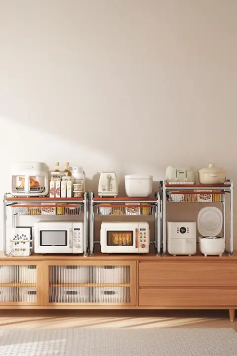 実木製の電子レンジラック【キッチン用・多機能・家電収納】