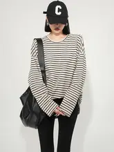 円形フリースのゆったりとした韓国風長袖Tシャツ【春秋用・ストライプデザイン・重ね着対応】