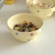 かわいいドット柄の陶器製ボウル【ご飯・スープ・麺用】