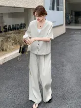 感のあるカーディガンとワイドパンツ【ミディアムグレー・カジュアルファッション・夏使用】（セットアップ対応）