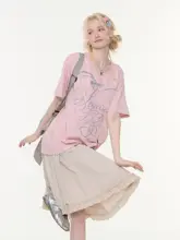 夏用Vネック字母プリントTシャツ【ピンク・ゆったりシルエット・短袖】