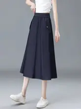 アイスシルクデニムフレアスカート【中長丈・Aライン・プリーツデザイン・夏用】（セットアップ対応）