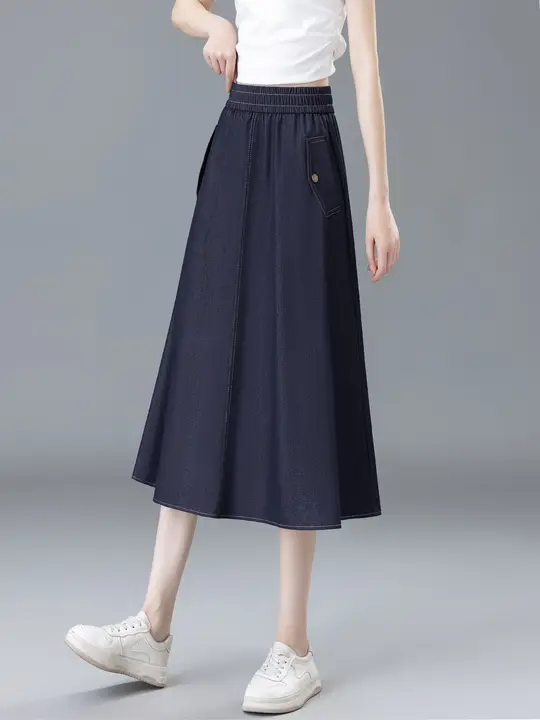 アイスシルクデニムフレアスカート【中長丈・Aライン・プリーツデザイン・夏用】（セットアップ対応）