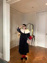 フランス風レトロダル柄のこなれ感漂うベロアワンピース【ゆったりシルエット・秋冬用】