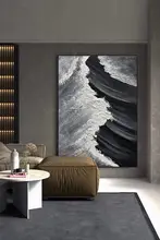 手描きの白黒波の抽象油絵【玄関用・テクスチャー装飾・シンプルデザイン】