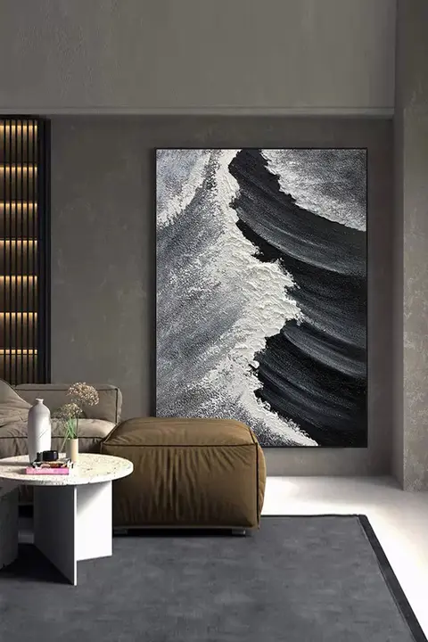 手描きの白黒波の抽象油絵【玄関用・テクスチャー装飾・シンプルデザイン】