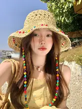 カラフルな編み込み帽子【夏用・ビーチリゾート・大きなつば・日焼け対策】