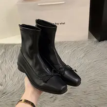 粗いヒールのスクエアトゥ黒マーチンブーツ【秋冬用・加绒・ショートブーツ・女性用】