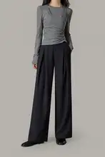 小柄女性向け グレーの高腰ストレートパンツ【春用・ドレープ感・ワイドレッグ】（セットアップ対応）