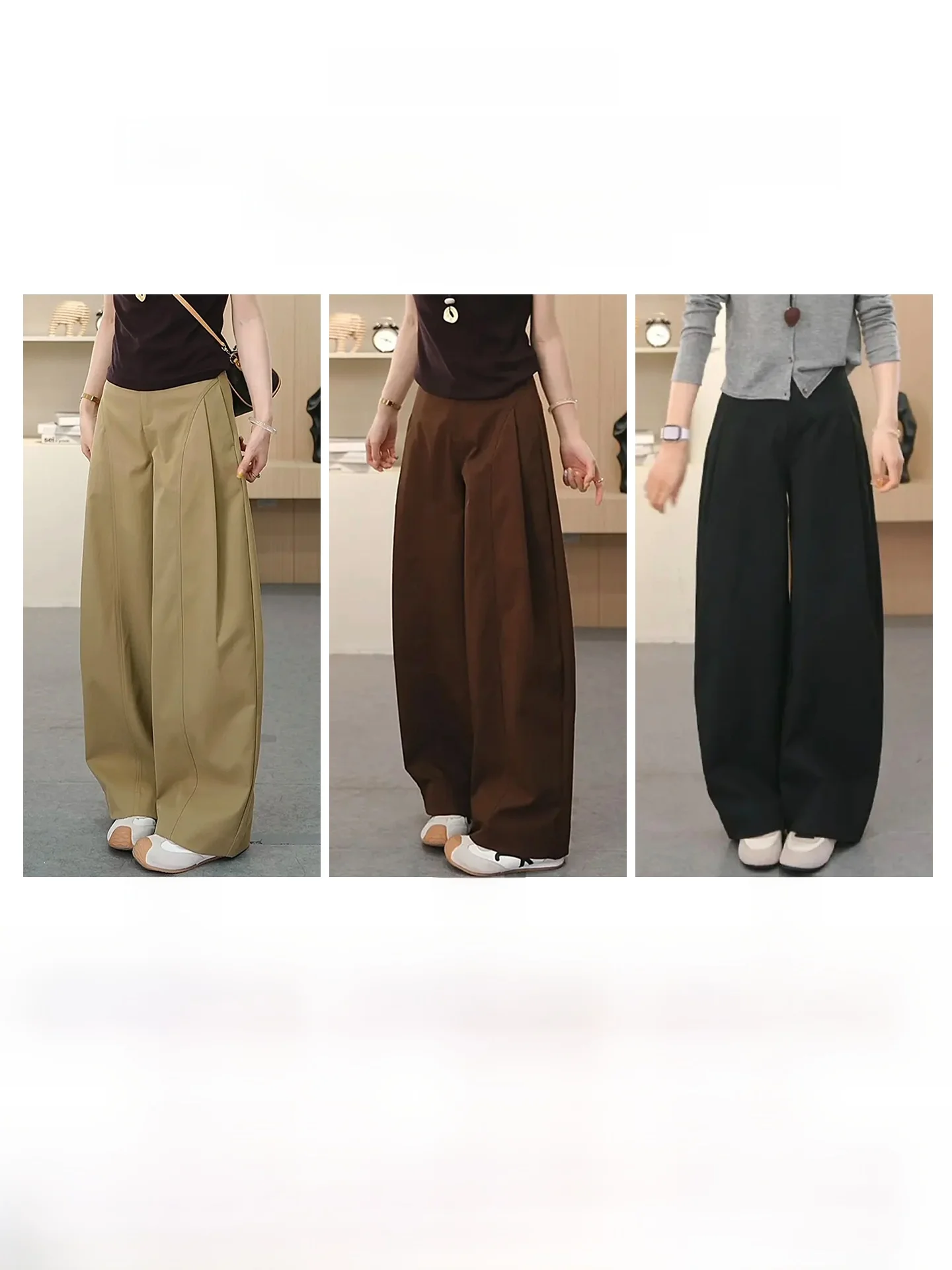 美しいカキ色のワイドレッグパンツ：春用のカジュアルスタイルに最適な直筒デザイン