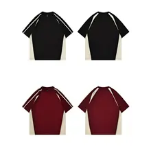 酒紅色のカラーブロック コットン半袖Tシャツ【アメリカンスタイル・ルーズフィット・ラグラ  ンスリーブ】