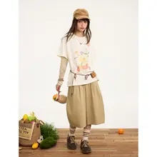 植物モチーフのコットンTシャツ【クラシックラウンドネック・二重層・ドルマンスリーブ・レディース】