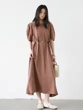 極上の柔らかさ 天然天絲リネンのロングドレス【ウエストリボンデザイン・女性用】