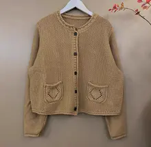 文芸風レトロコットンニットカーディガン【単ボタン・リブ編み・透かし模様】