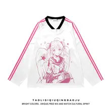 かわいいキャラクター柄Vネックスポーツシャツ【ゆったりとしたシルエット・長袖・サテン生地】