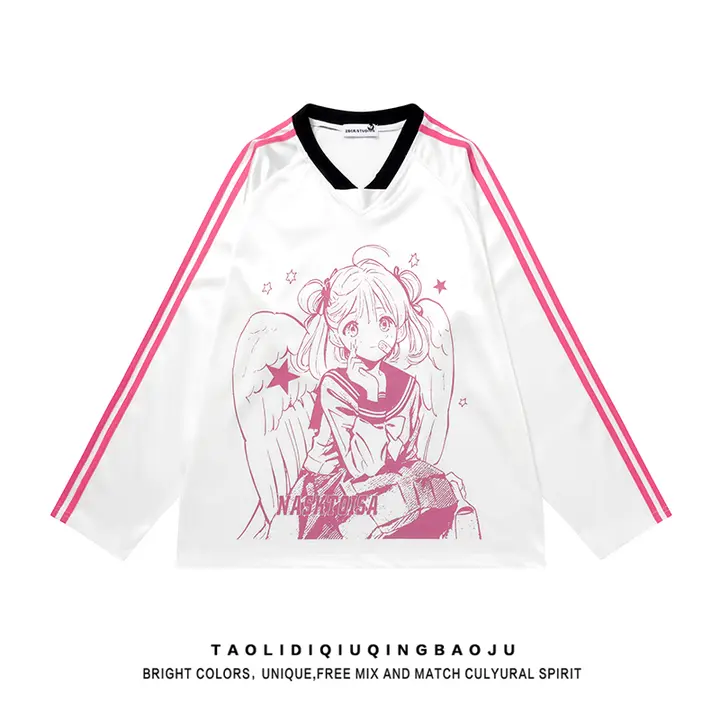 かわいいキャラクター柄Vネックスポーツシャツ【ゆったりとしたシルエット・長袖・サテン生地】