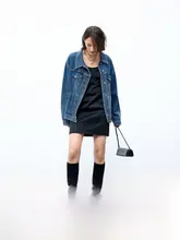 MOCOデザイン コットン混チュニック デニムジャケット【ゆったりシルエット・ドロップショルダー・斜めボタン】