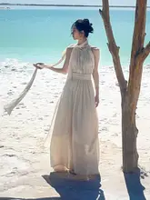 フレンチスタイルのシフォンロングドレス【夏用・バックオープン・ハイウエスト・スリットデザイン】