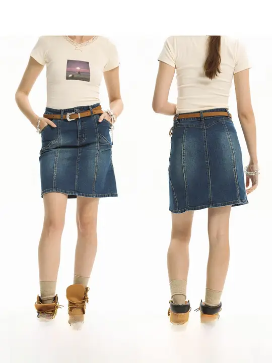 Unvesno Aラインデニムスカート【レトロブルー・切り替えデザイン・ひざ丈】