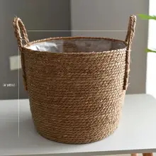 北欧風 シンプルな竹編み花かご【特大サイズ・緑のローレル・持ち手付き・インス風】（セットアップ対応）