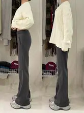 175cm対応 レディース アメリカンビンテージ風 グレー マイルドフレア ヨガパンツ【ロング丈・スリムフィット】