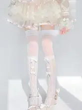 花柄デザインのロリータ風オーバーニー白色ストッキング【薄手・クロスダイヤモンド模様・リボン付き】