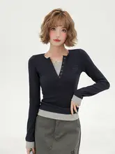 長袖Tシャツ レディース フェイクレイヤード シンプル アメリカン風 タイト インナー 秋「Girlyhalo」