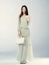 斜め肩デザインの長袖ワンピース【春用・メッシュ切替・女性用・エレガントスタイル】