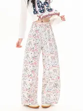 デニムパンツ レディース 魚柄 手書き風 ルーズ 着痩せ カーブドシルエット 春 「BOEAX」