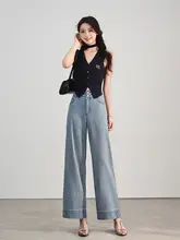 白鹅绒使用の天竺デニムワイドパンツ【ハイウエスト・フィット・九分丈】（セットアップ対応）