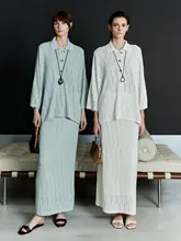 知的なチェック柄 薄手リネンニットトップスとスカート【極上の柔らかさ・ゆったりしたシルエット】（セットアップ対応）