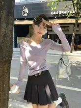 宋正恩 ノースリーブオフショルダー ニットトップス【パープル・春用・長袖・タイトフィット】